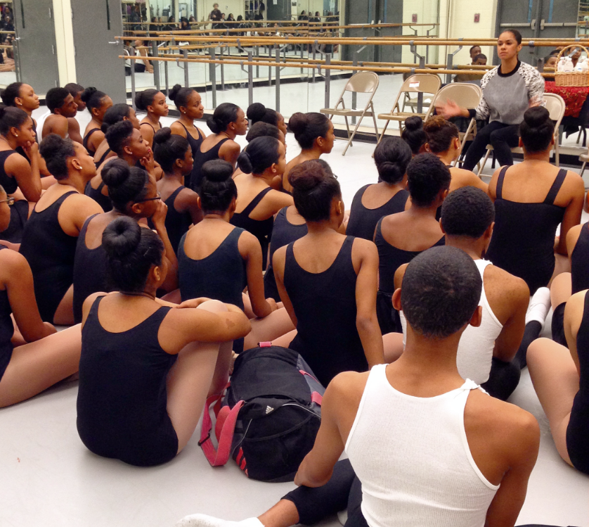 Misty Copeland with students during a visit to the Duke Ellington School of the Arts in Washington D.C. Courtesy Squire Media & Management, Inc.